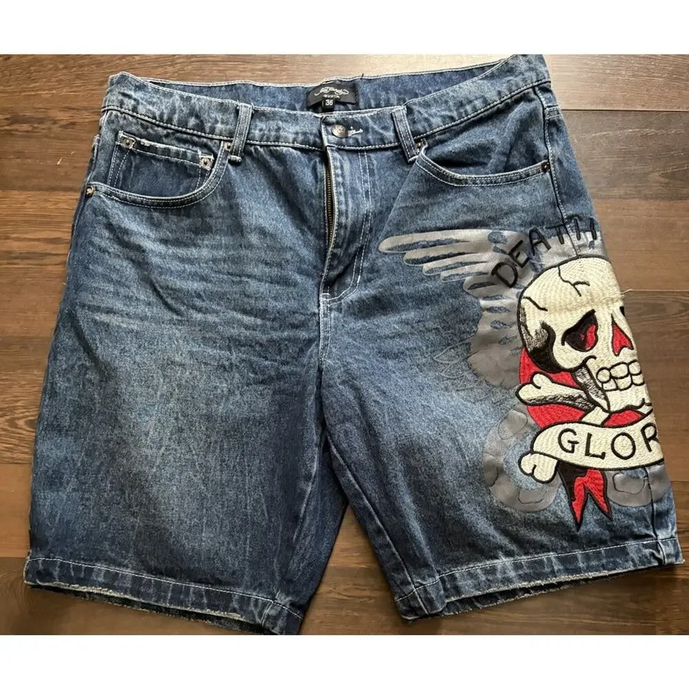 Ed Hardy Death or Glory Skull Denim Skater Shorts 36